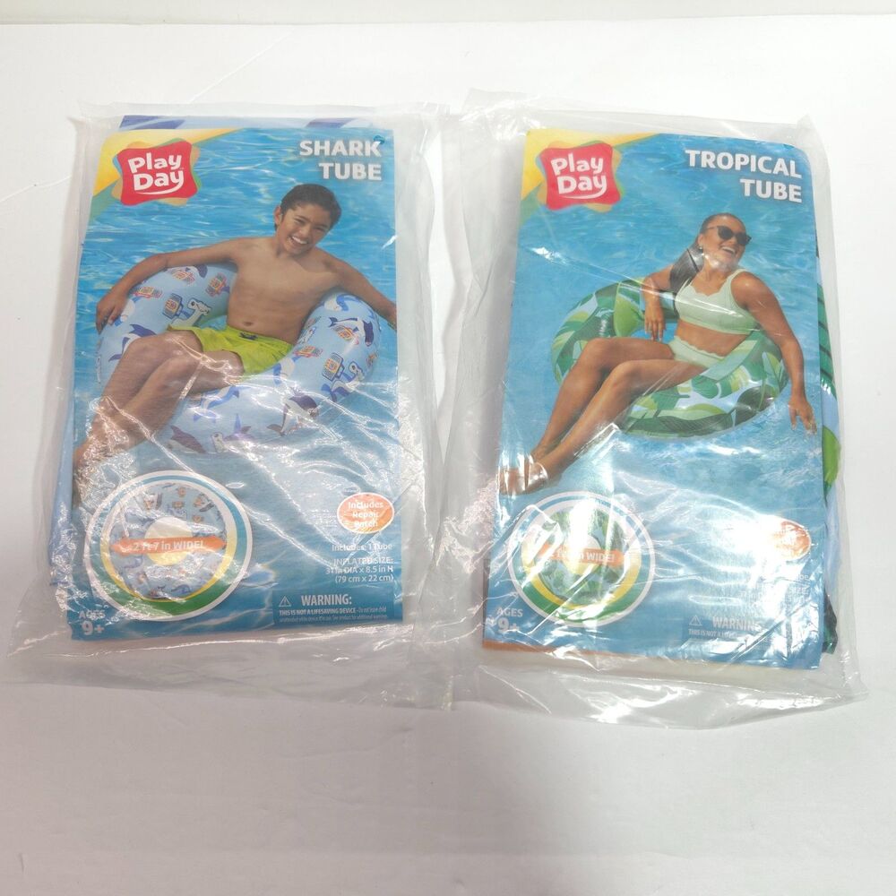 Inflatable Pool Float Tube Lot Shark Tropical Swim Ring 2 Pack Play Day New